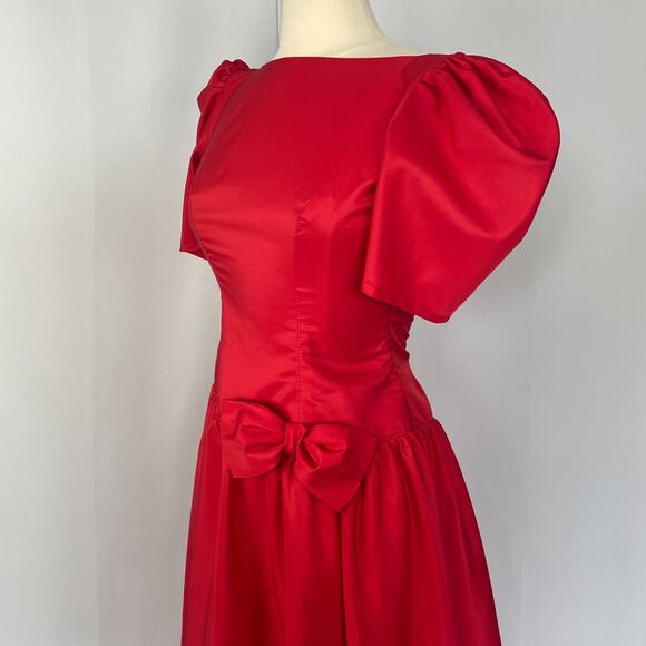 Vintage Formal Dress Size 8 Red Puff Sleeve A Line Bow Prom Romantic 80s 90s - Picture 7 of 16